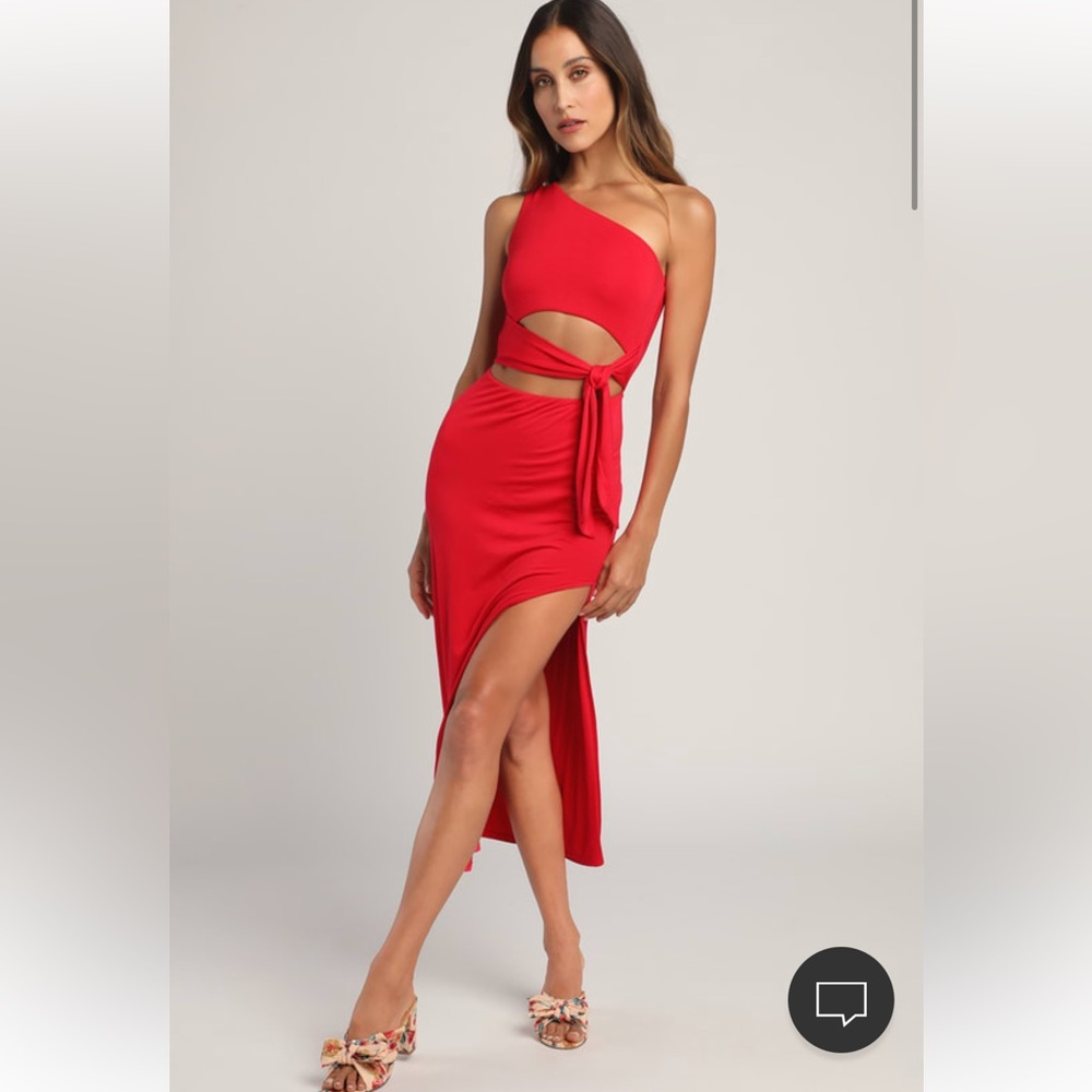 Lulu’s Magnetic Mystique Red One-Shoulder Side Tie Cutout midi dress
